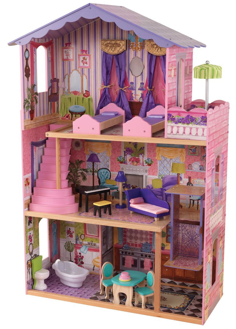 большой деревянный дом для кукол с мебелью