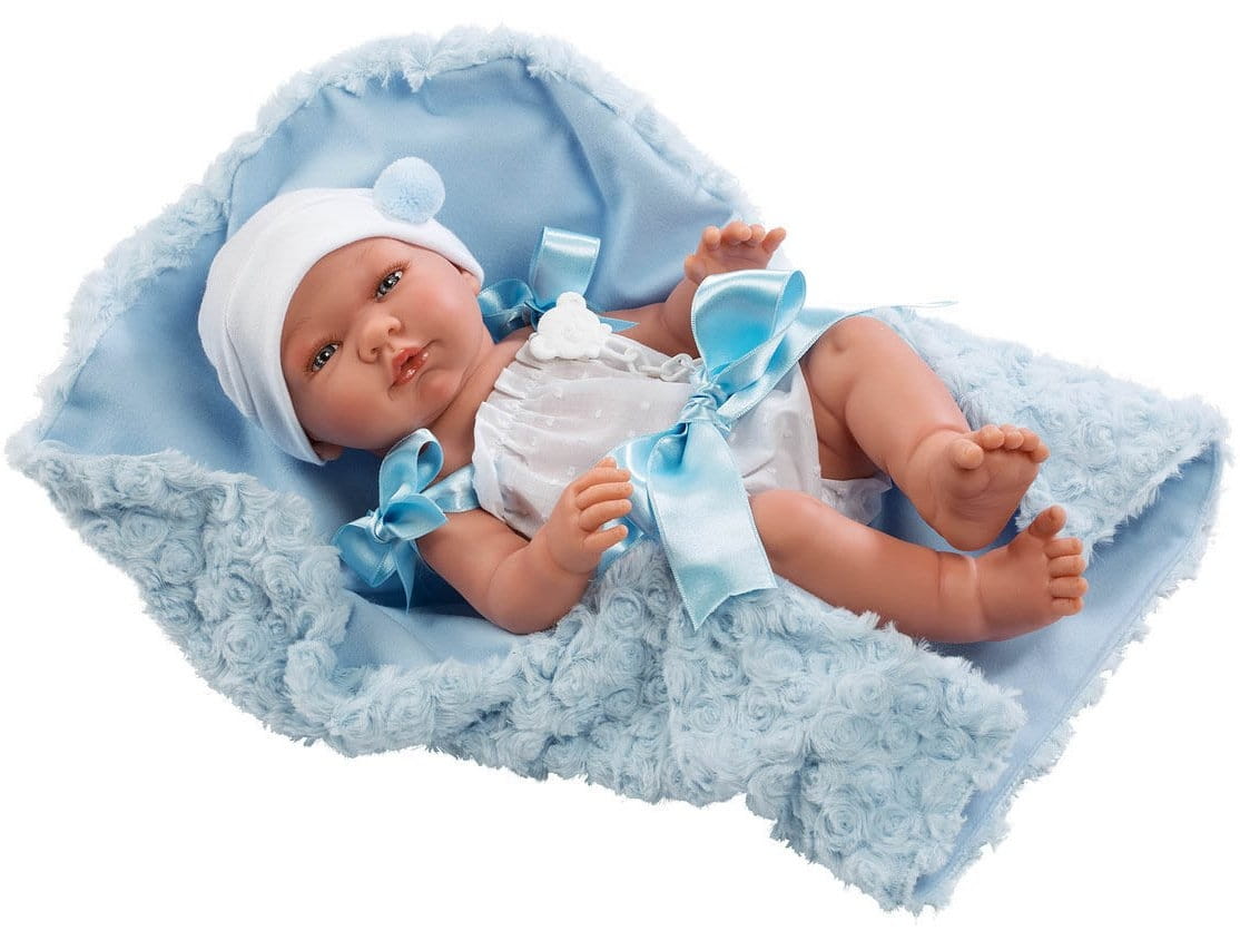 Кукла-пупс ASI Пабло - 43 см (в голубом комбинезоне и с ажурным пледом)